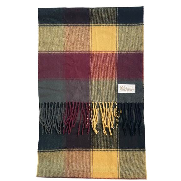 Cabin Cozy Cashmere Scarf Made in England Check Plaid Green Red Yellow Preppy - Picture 2 of 2